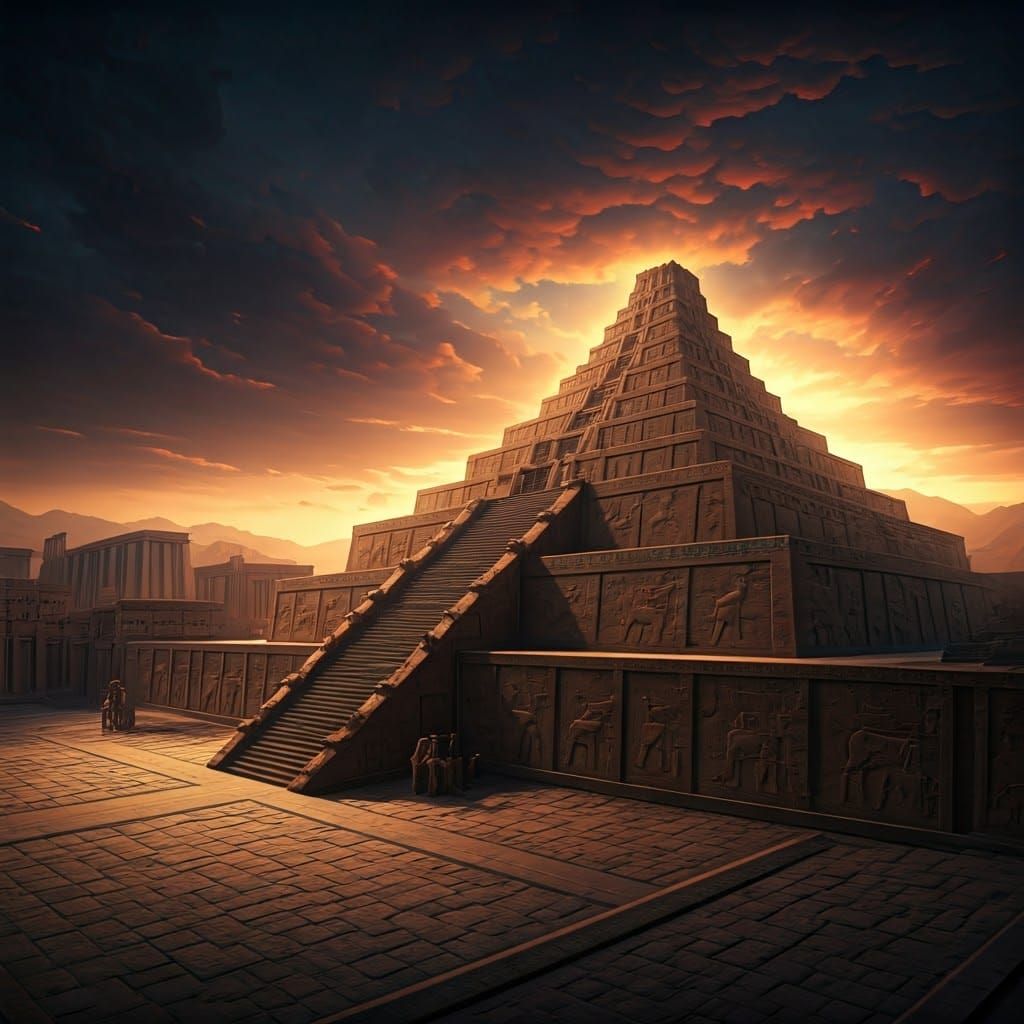 Mesopotamian Ziggurat in Maximalist Digital Matte Painting