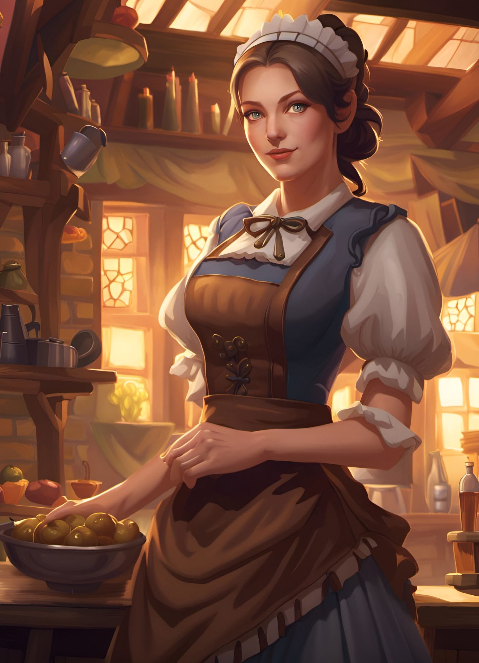 Pretty Tavern Maid in Earth Tones with Dynamic Lighting
