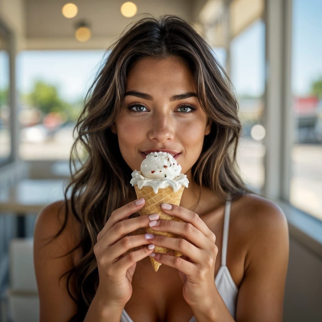 Woman Savoring Ice Cream in Cinematic Style