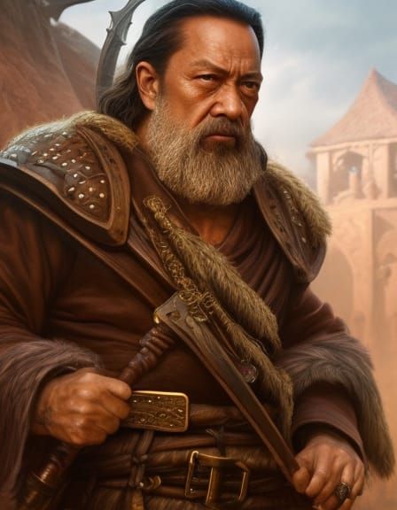 Artgerm, WLOP, Greg Rutkowski; portrait of Danny Trejo as a rough dwarf face, blond hair, intricately designed medieval ...