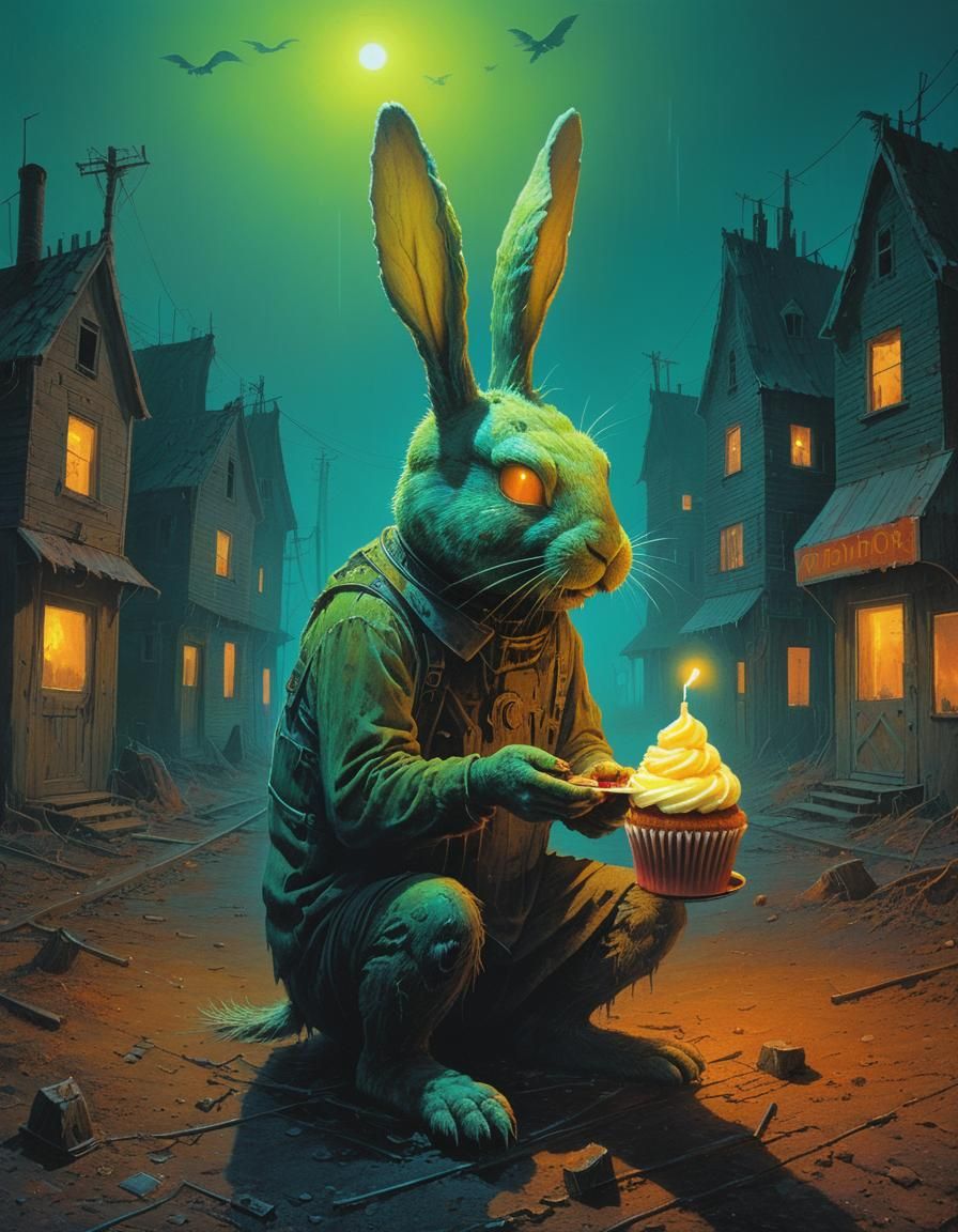 Neon Horror Bunny in Ghost Town, Beksiński Style