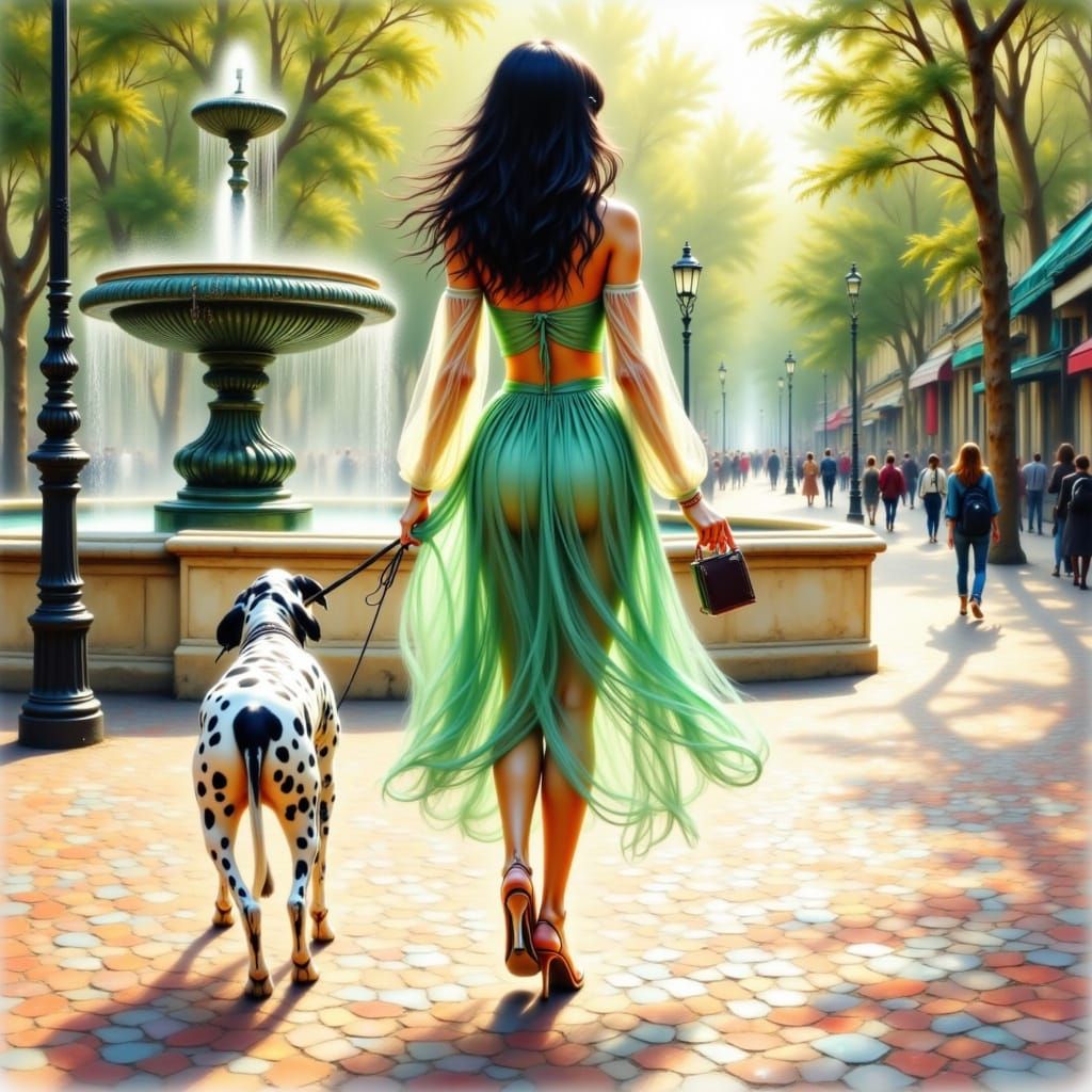 Elegant Woman and Dalmatian in Paris, Watercolor Style