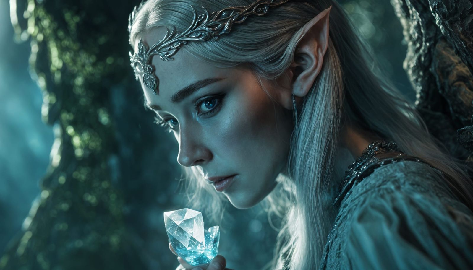 Ethereal Elven Maid with Crystal in Grotto