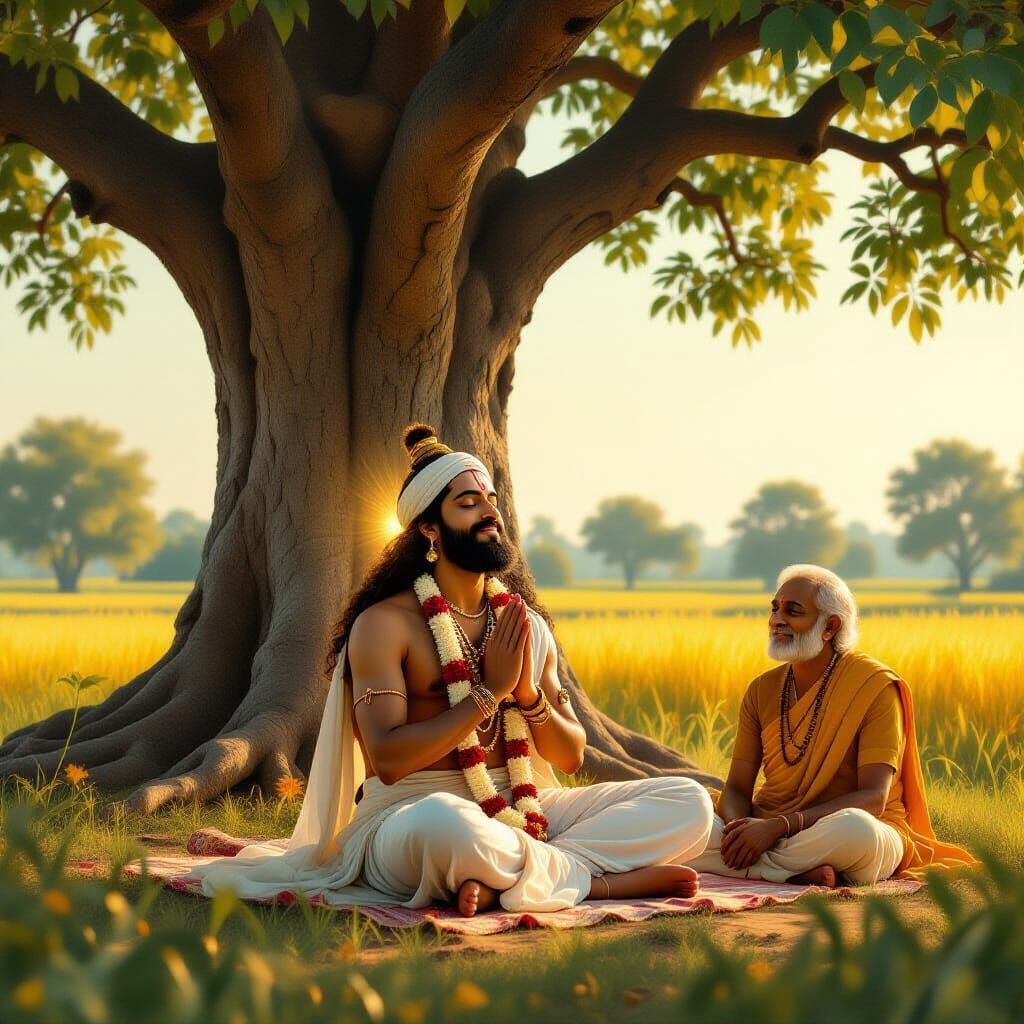 Arjun Meditating Under Tree in Raja Ravi Varma Style
