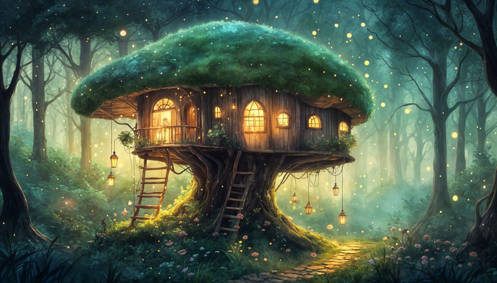 Whimsical Mushroom Treehouse with Cozy Creature