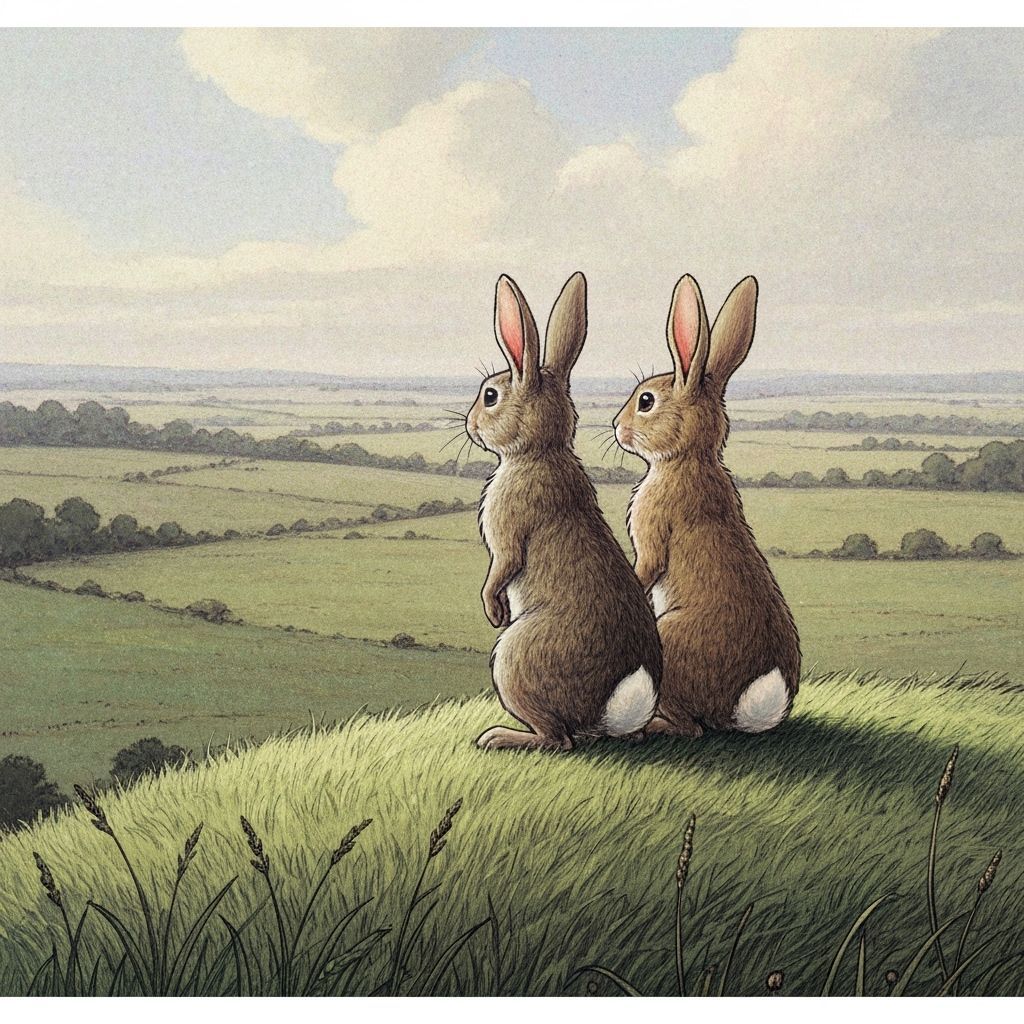 Rabbits Fiver and Hazel Surveying a Hilltop Landscape