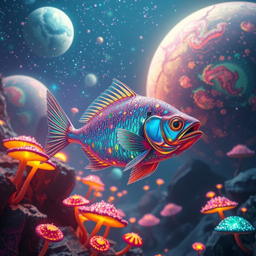 Surrealistic Galaxy Fish in Shimmering Glitter