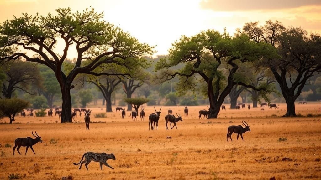 African Savanna Scene: Cheetah Hunts Gazelles at Sunset