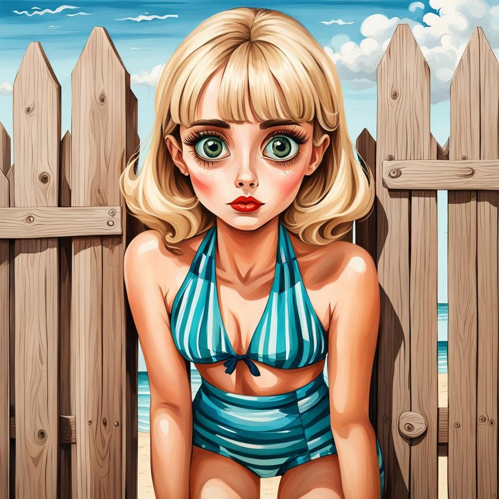 Retro Beach Portrait in Big-Eye Art Style
