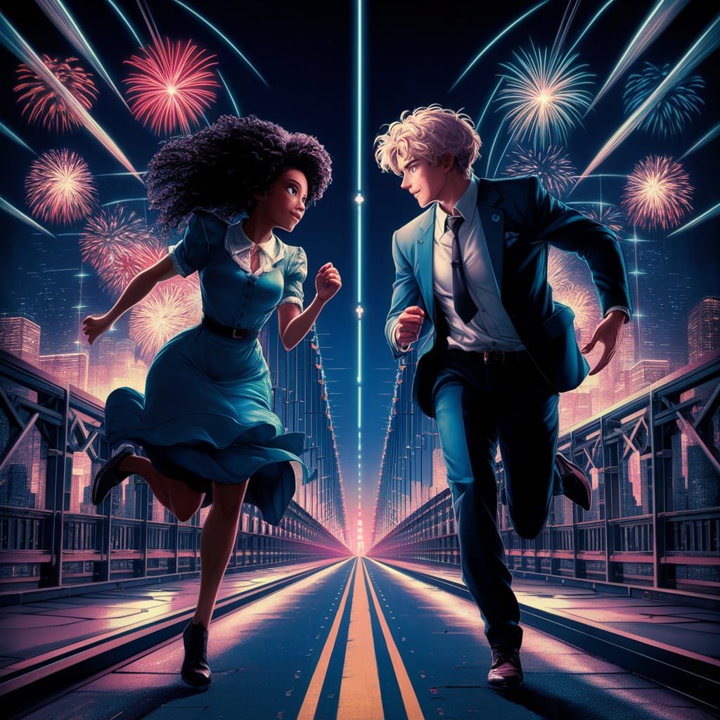 Anime Couple Run on Bridge Under Fireworks
