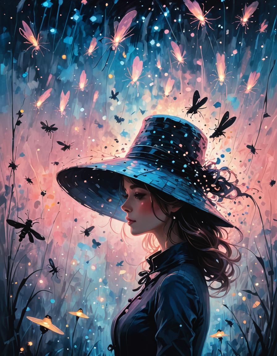 Dreamlike Silhouette Art with Fireflies, Impressionism