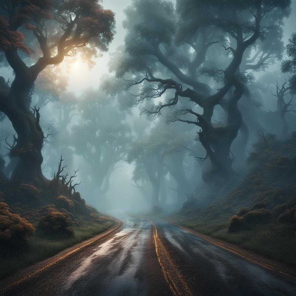 Misty Forest Road: Detailed Matte Painting