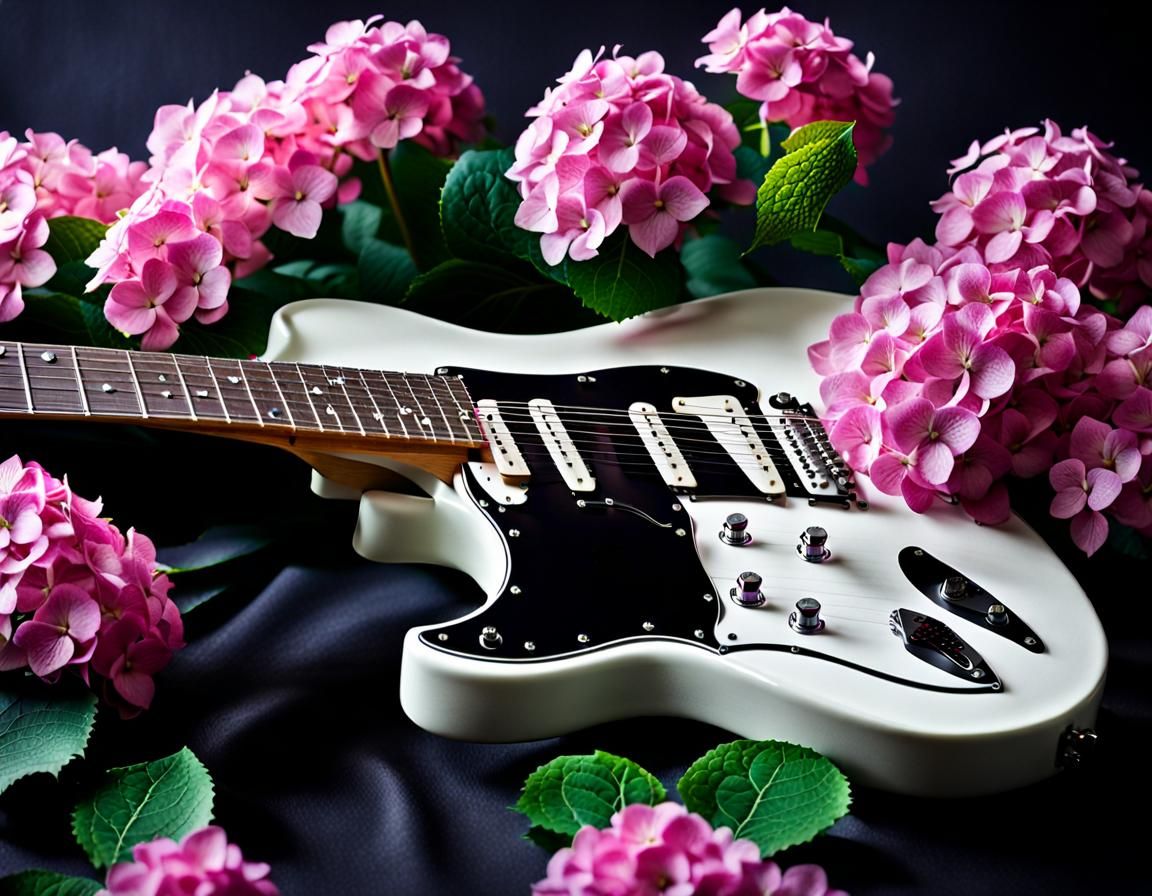 White Electric Guitar with Pink Hydrangeas