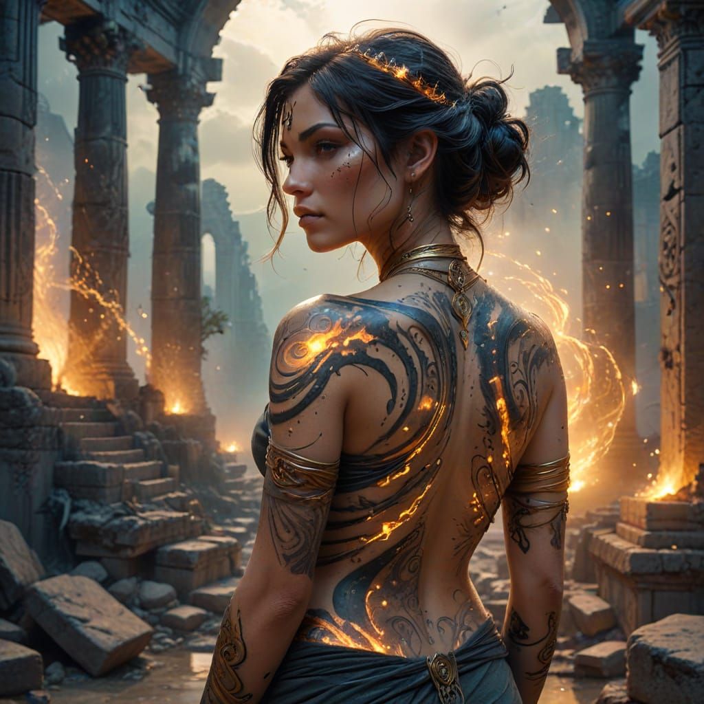 Woman With Glowing Celestial Tattoos in Ancient Ruins