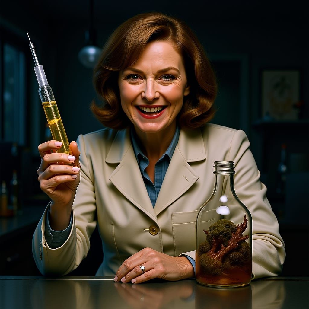 1980s Scientist with Glowing Syringe in Lab