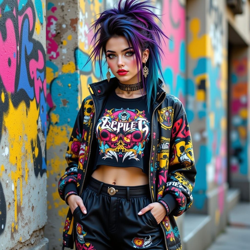 Woman with Multicolored Hair and Graffiti Outfit