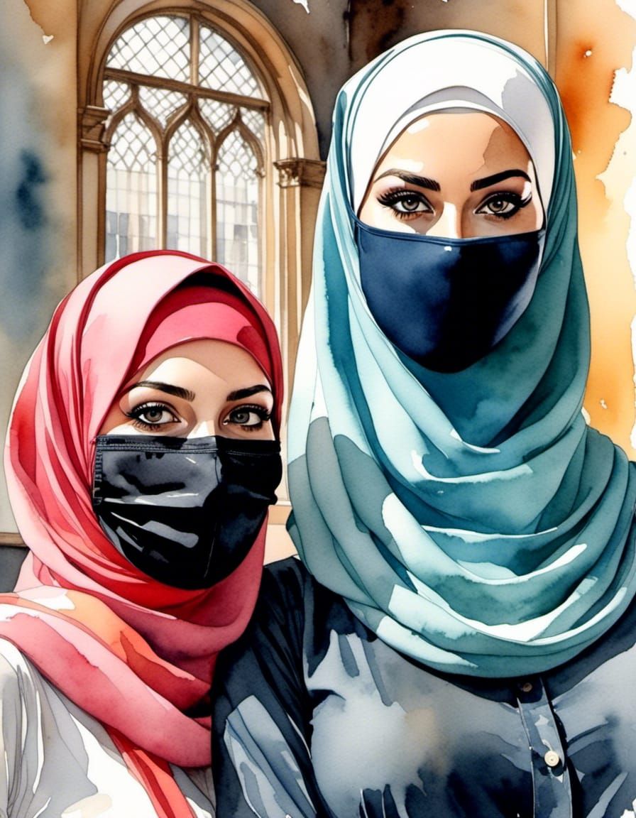 Two Teachers in Hijab and Niqab as Watercolor Painting