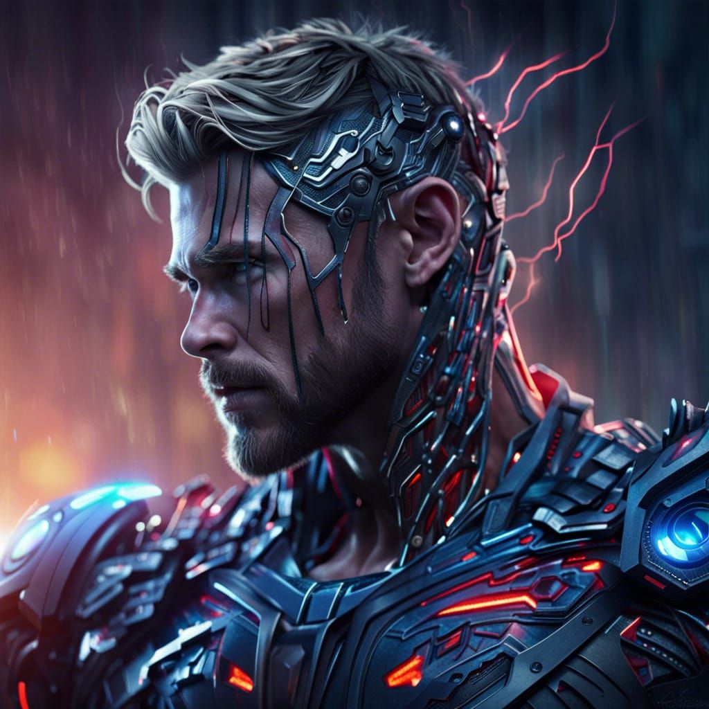 Thor as Cyberpunk Cyborg: Detailed Digital Art