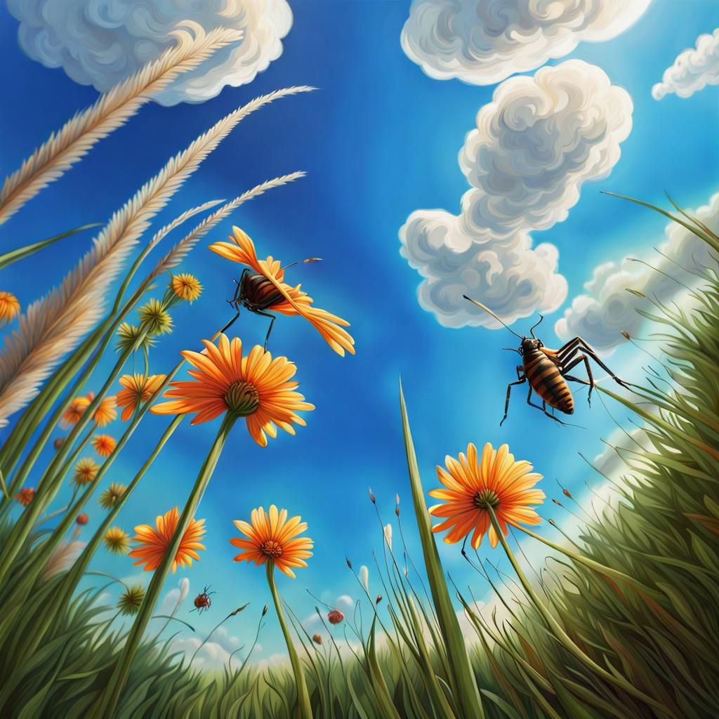 Bug's-Eye View of a Sunny Meadow as Detailed Painting