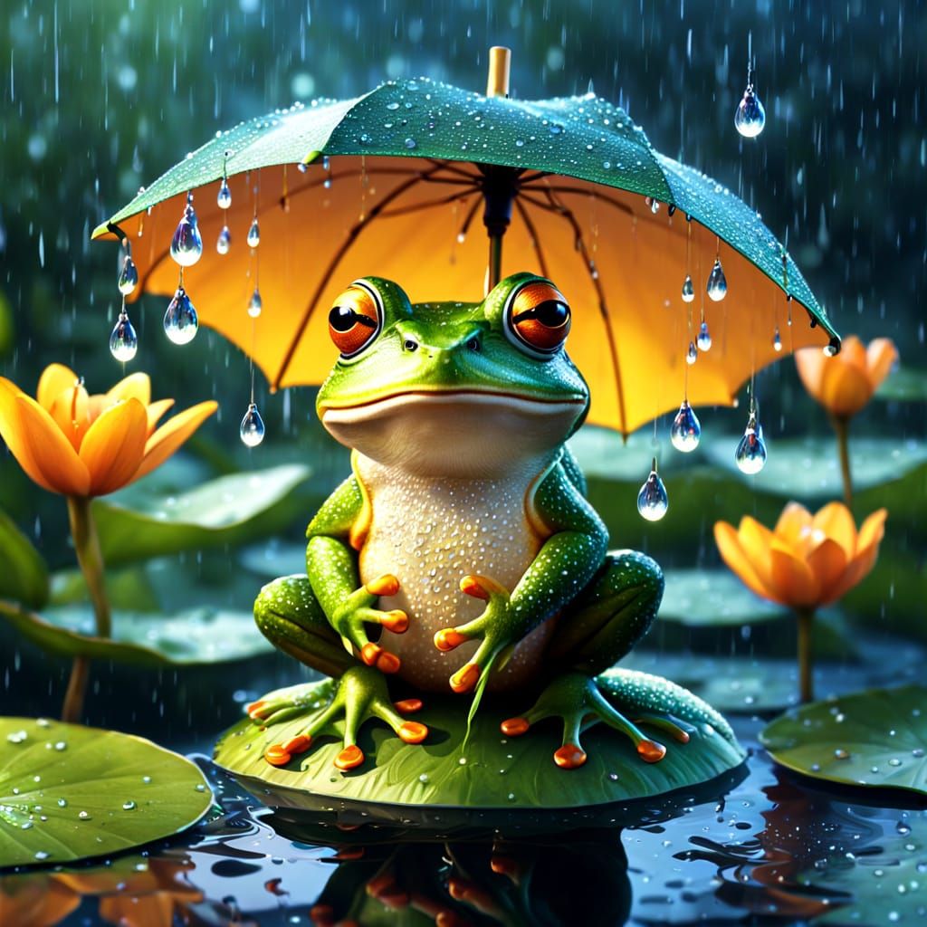 Frog with Umbrella in Rain, Fantasy Illustration