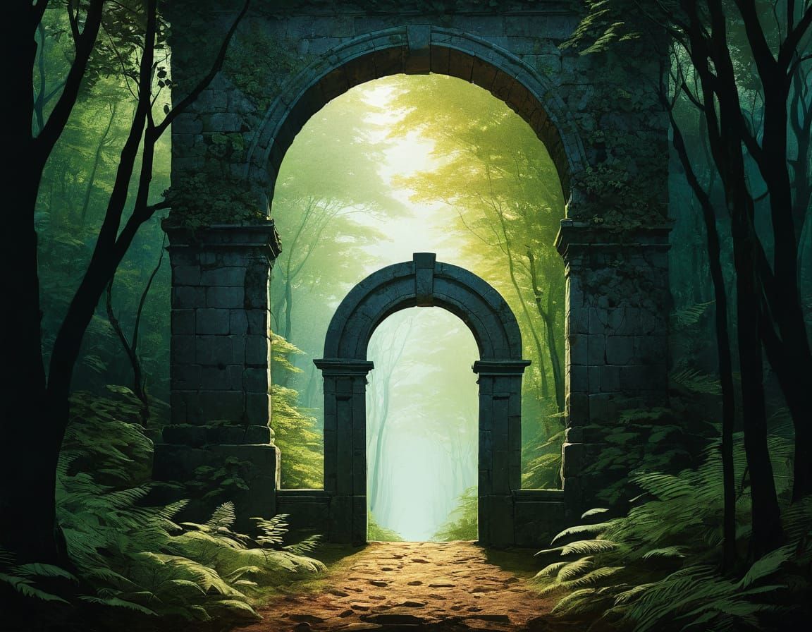 Mysterious Romanesque Archway Silhouette in Fantasy Art Styl...