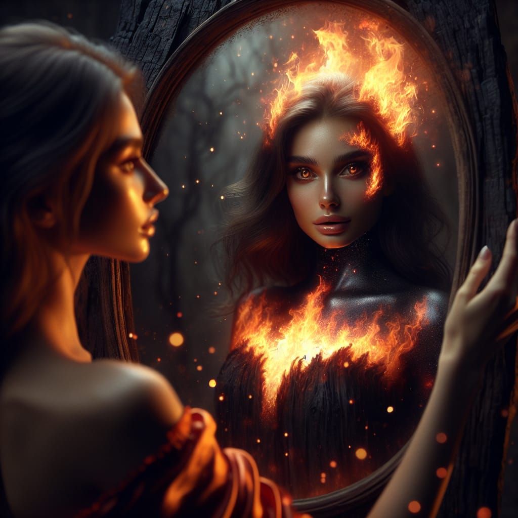 Enchanted Mirror Reveals Fiery Reflection