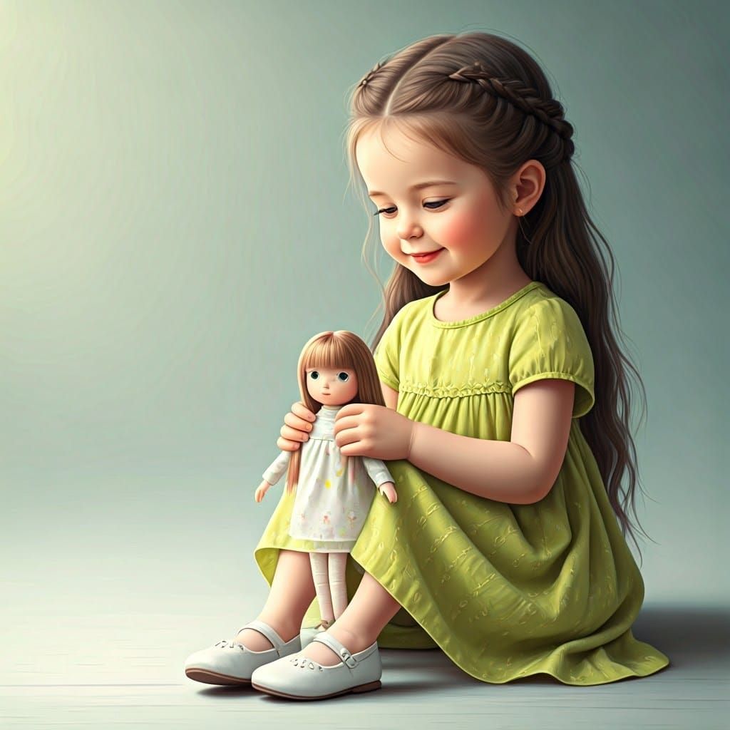 In realistic, calm and bright colors: "Smiling little girl, ...