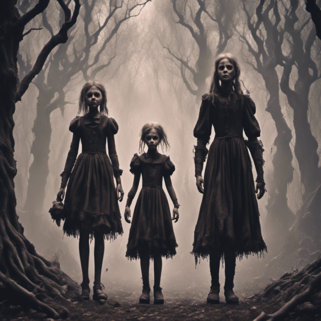 Hansel and Gretel stand in the foreground with the witch lur...