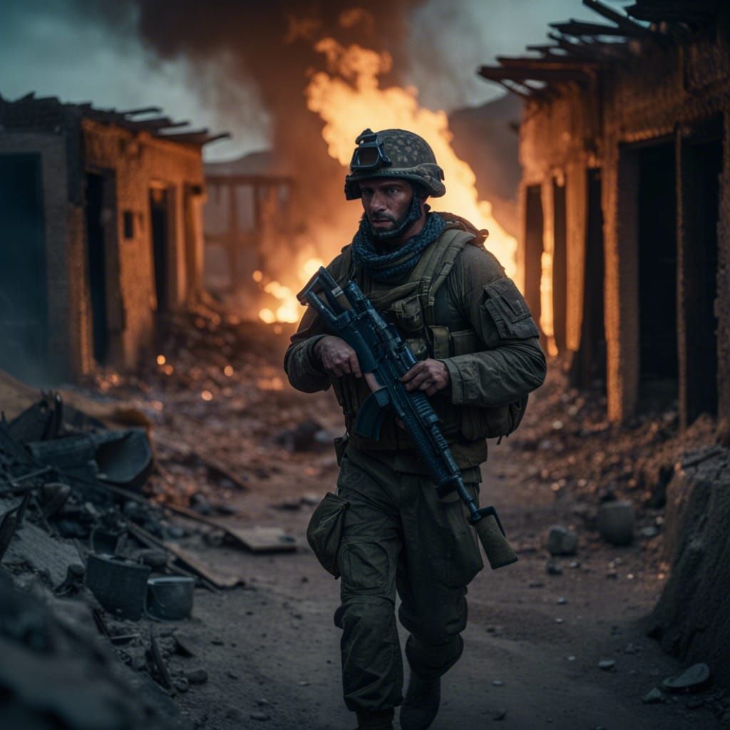 Soldier Amidst Fiery Ruins at Night