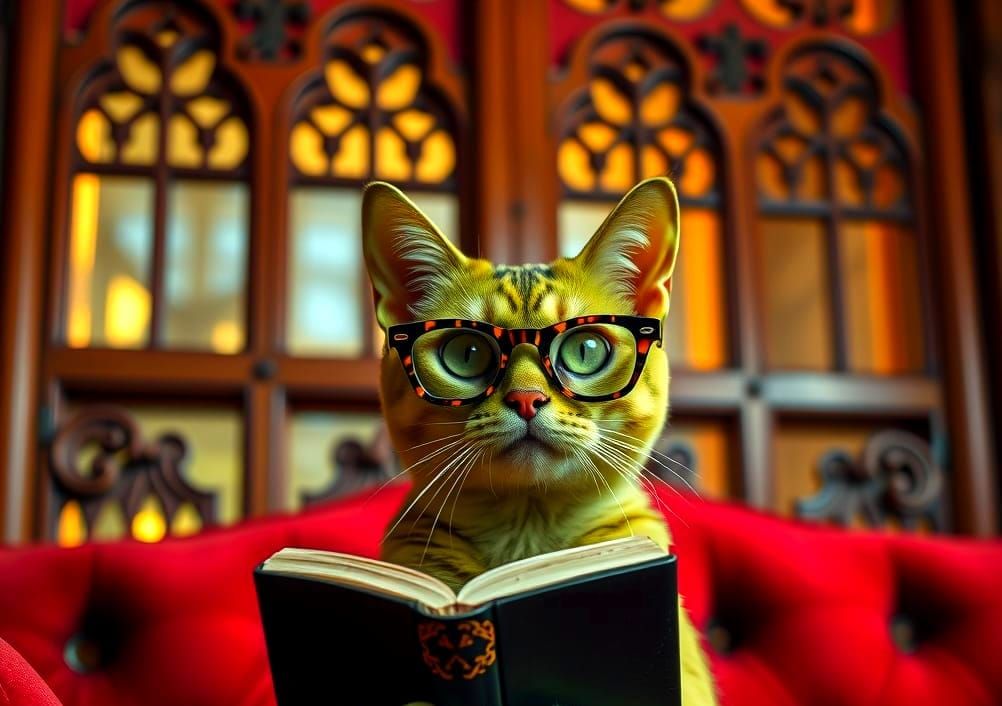 Lime Green Cat in Triangular Glasses Reads on Red Sofa
