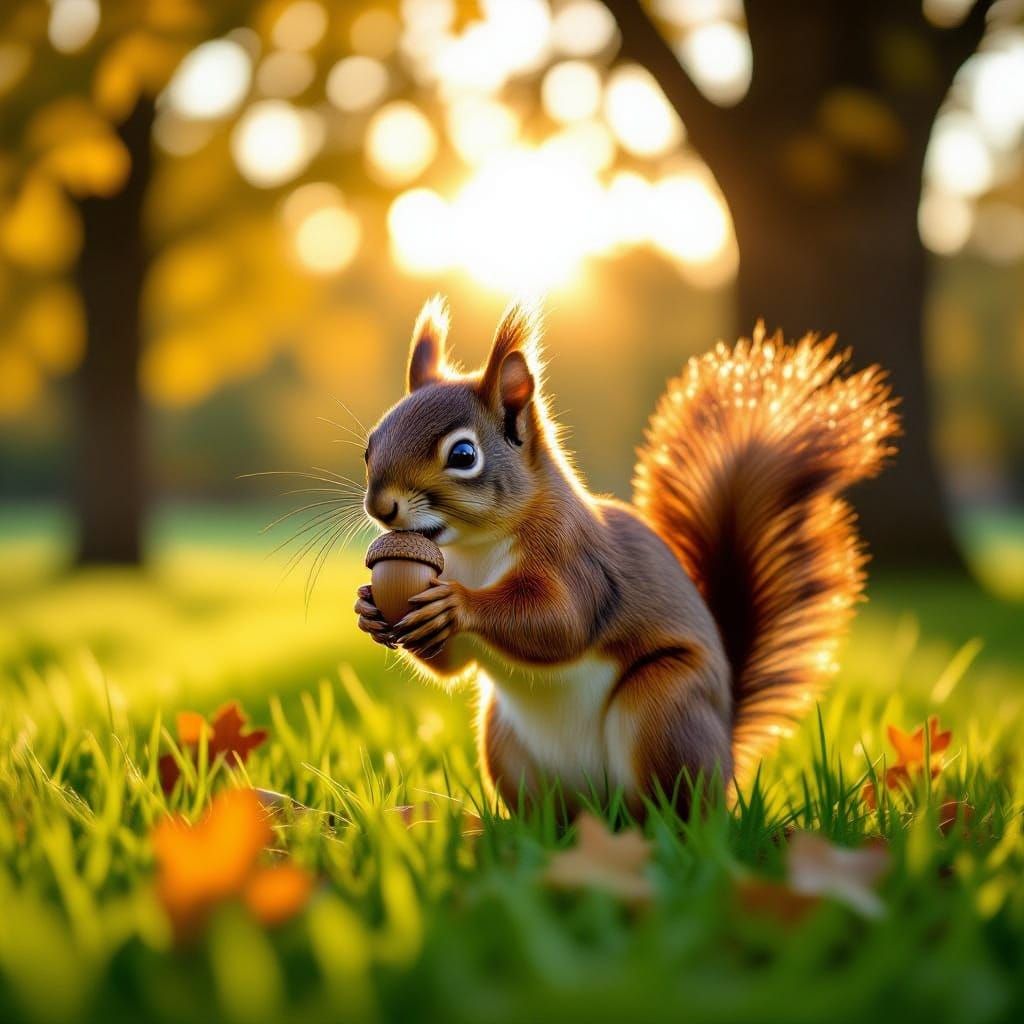 Vibrant Russet Squirrel Clutching Acorn in Golden Light