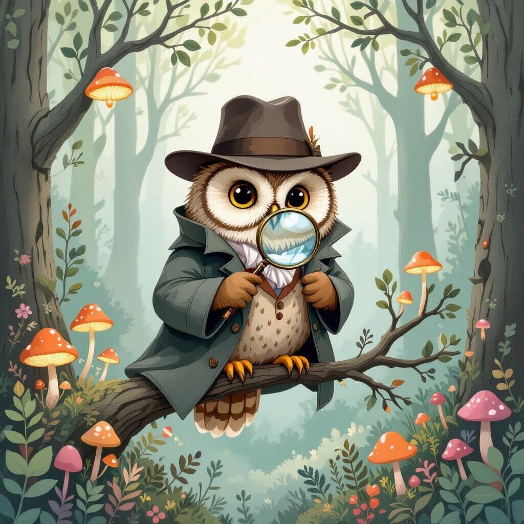 Owl Detective in Whimsical Forest, Beatrix Potter Style