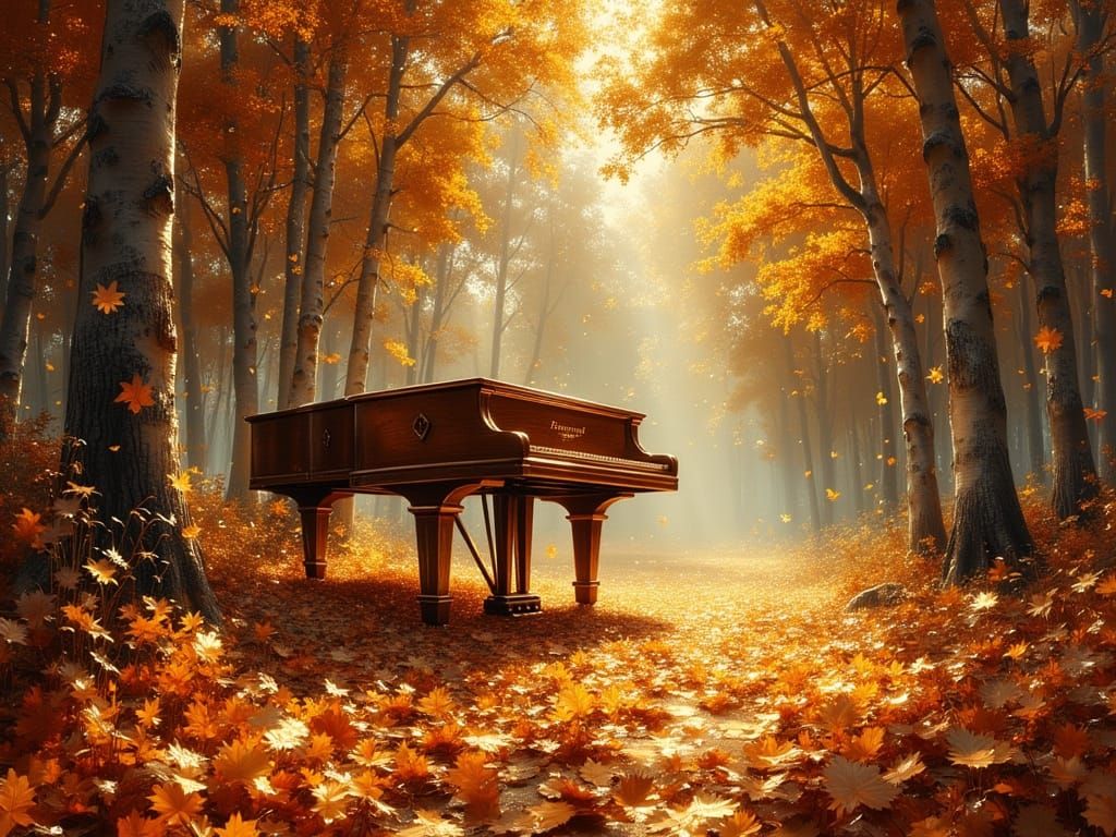 Grand Piano in Sun-Dappled Forest Clearing