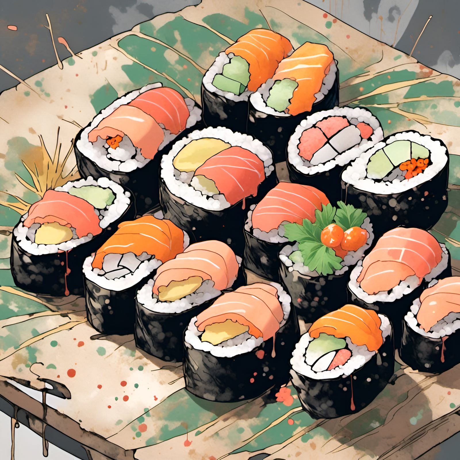 <lora:Splatter Graffiti:1.0> <lora:My2:1.0> Sushi Bites 💕