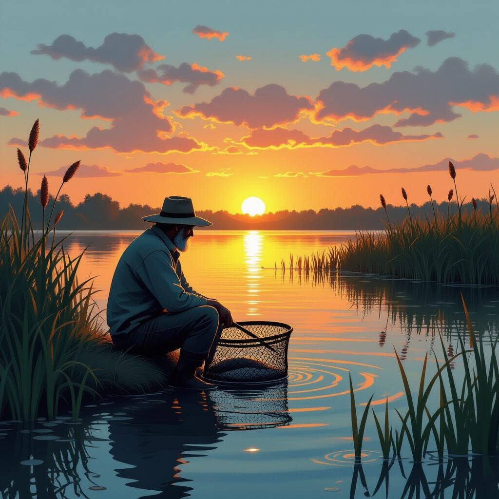 Weary Fisherman by Luminous Lake at Sunset