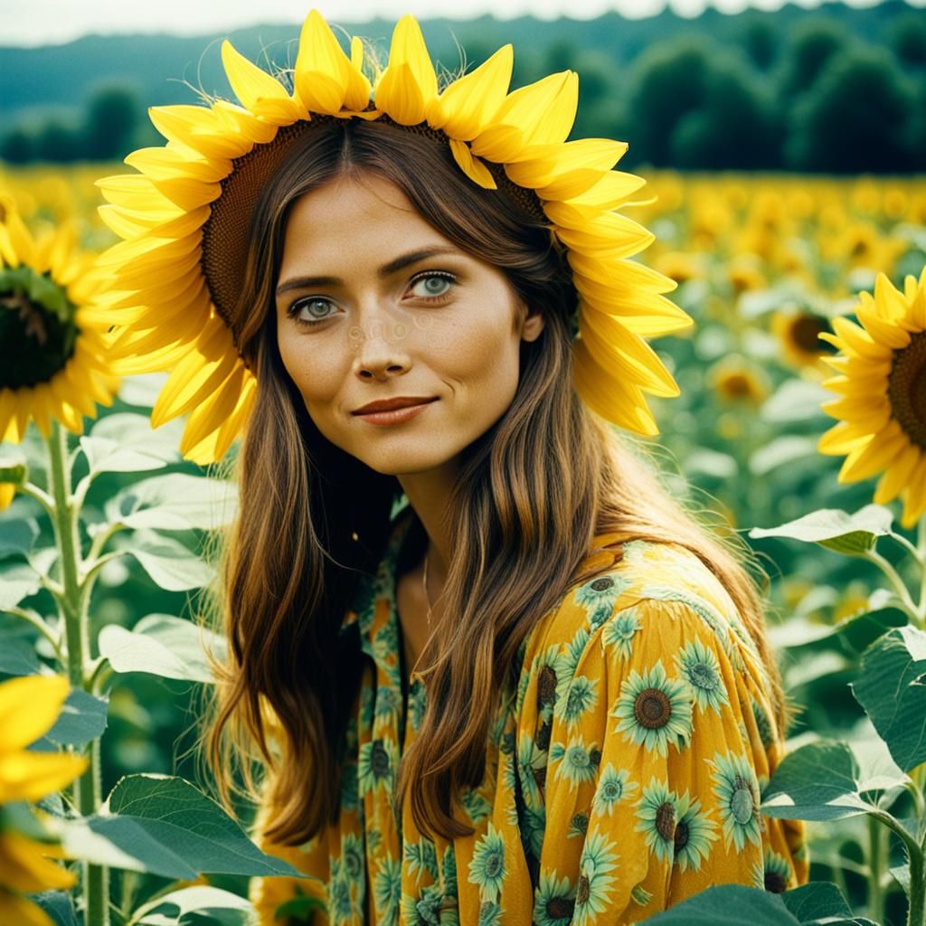 Hippie Woman in Sunflower Field, Circa 1966