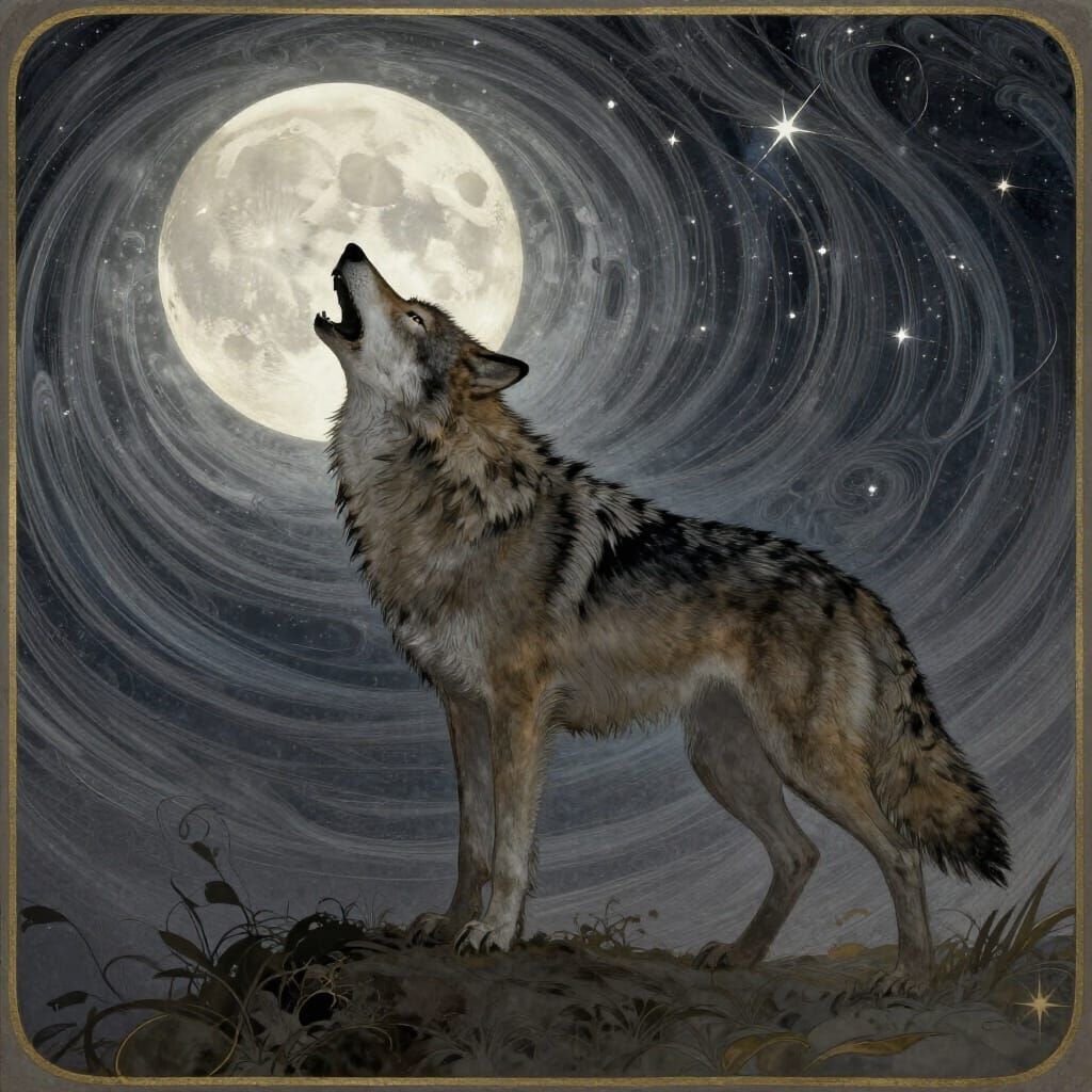 Art Nouveau Wolf Howling Under Starry Night Sky