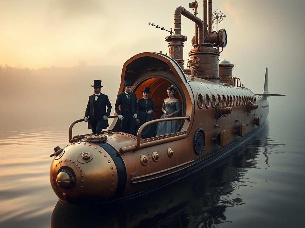 Steampunk Submarine Launch in Hyper-Realistic Detail