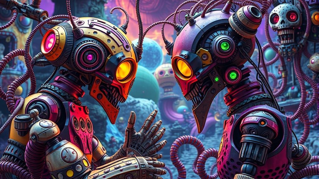 Ethereal Robots Unite in Vibrant, Dreamlike Realm