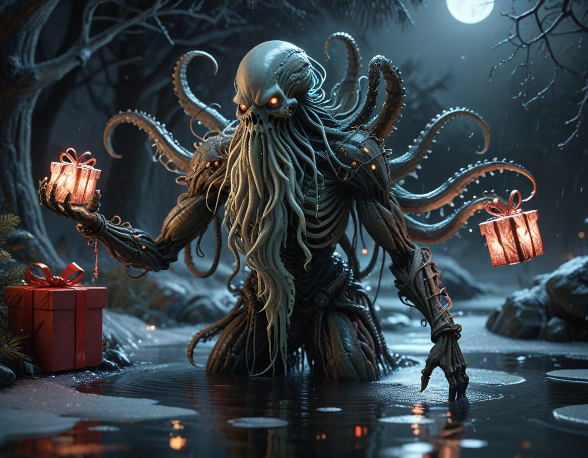 Cyberpunk Biomechanical Arachnid Santa in Winter Wonderland