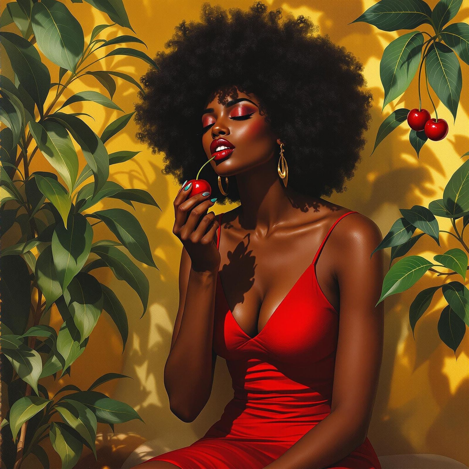 Sensuous Woman Savoring a Cherry, in Afro-Surrealist Style