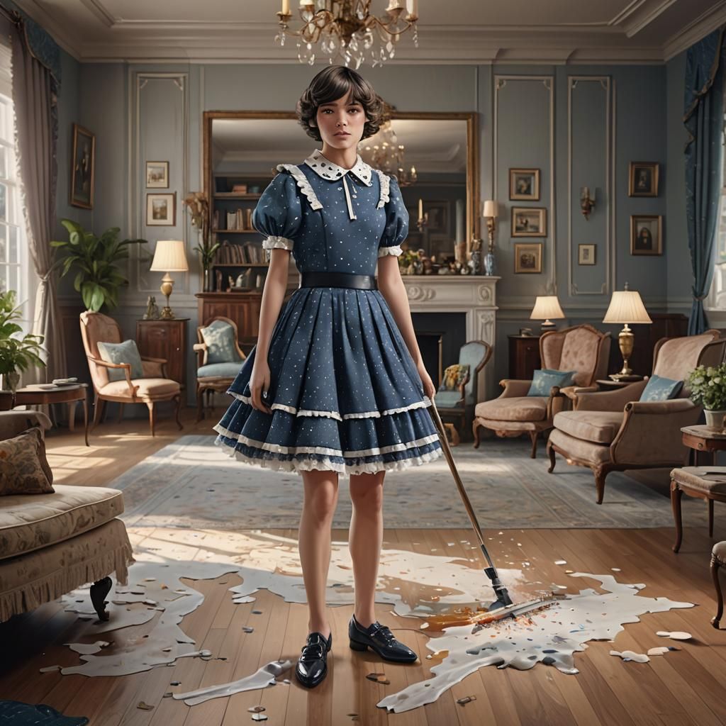 Crossdressed Boy Mopping Floor: Detailed Matte Painting