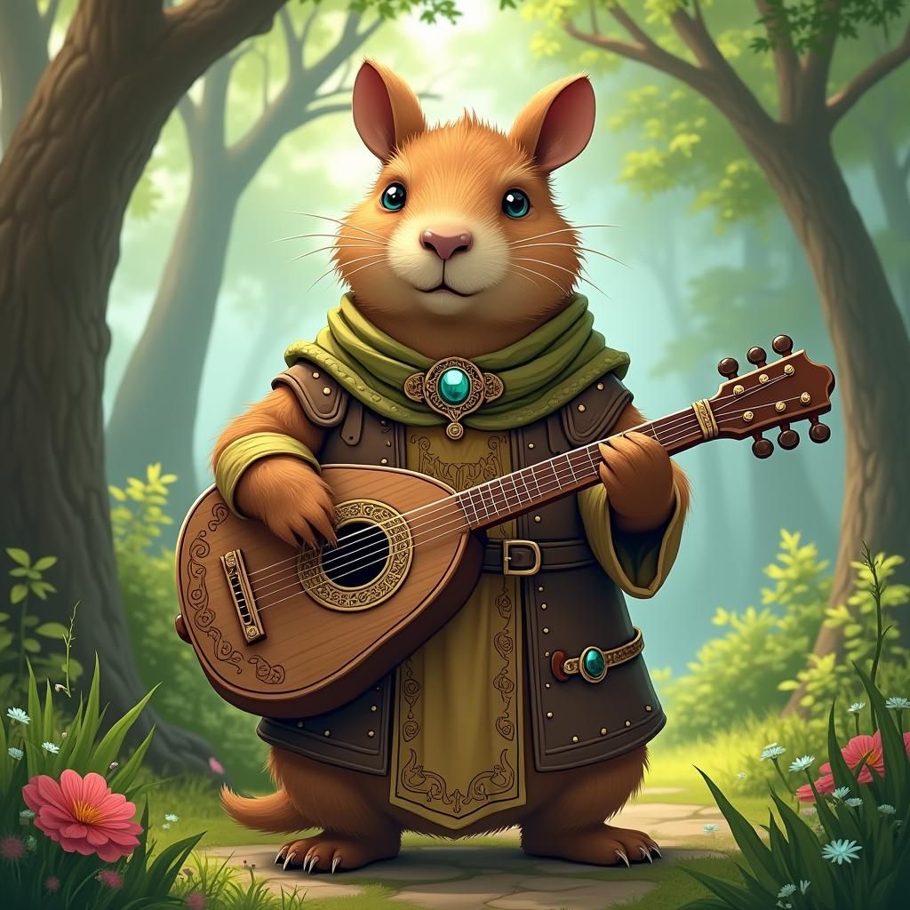 Capybara Bard in Enchanted Forest, Anime Style