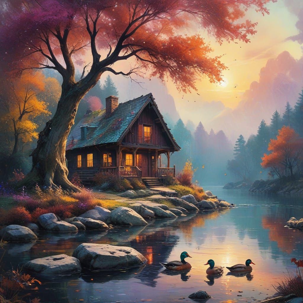 Whimsical Rustic Cabin Scene in Vibrant Grunge Palette