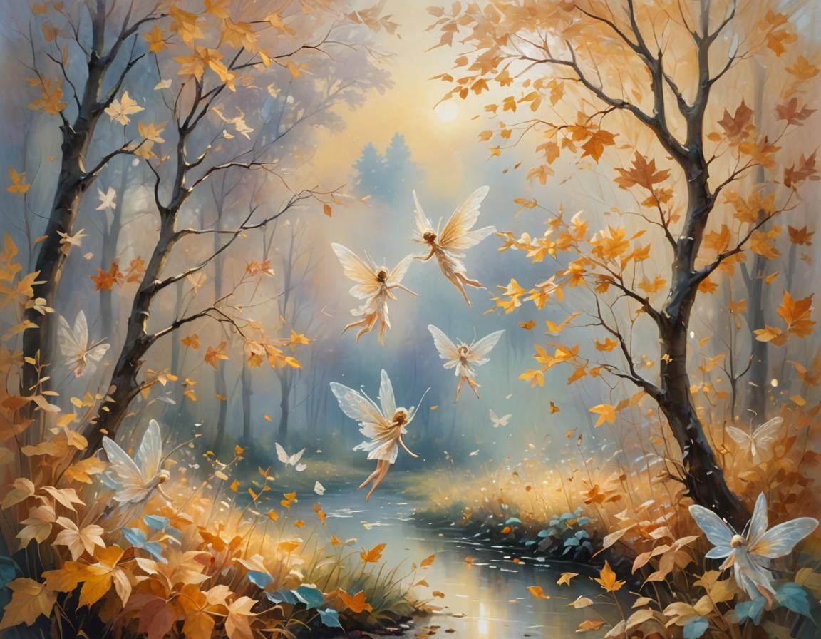 Fairies in Autumn Magic Garden: Dreamy Oil Painting