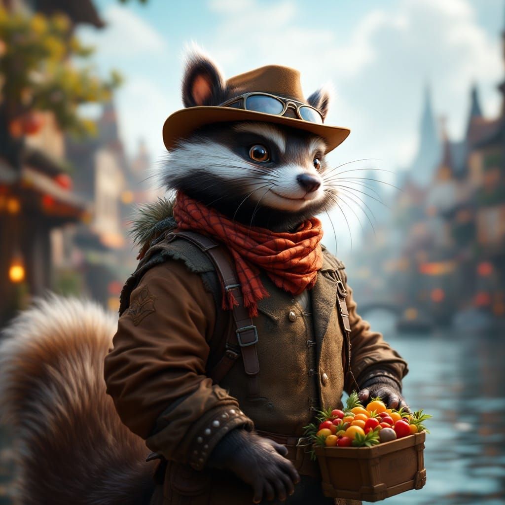 Fantastical City Traveler in Whimsical Skunk Attire