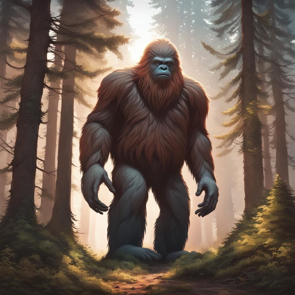 Bigfoot Balloon Art in Forest, Detailed Digital Portrait