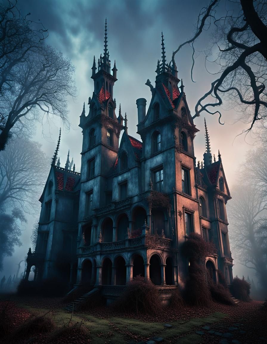 Surrealistic Gothic Mansion in Foggy Cemetery