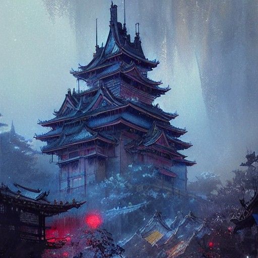 Psychedelic Fantasy Castle in Ukiyo-e Style