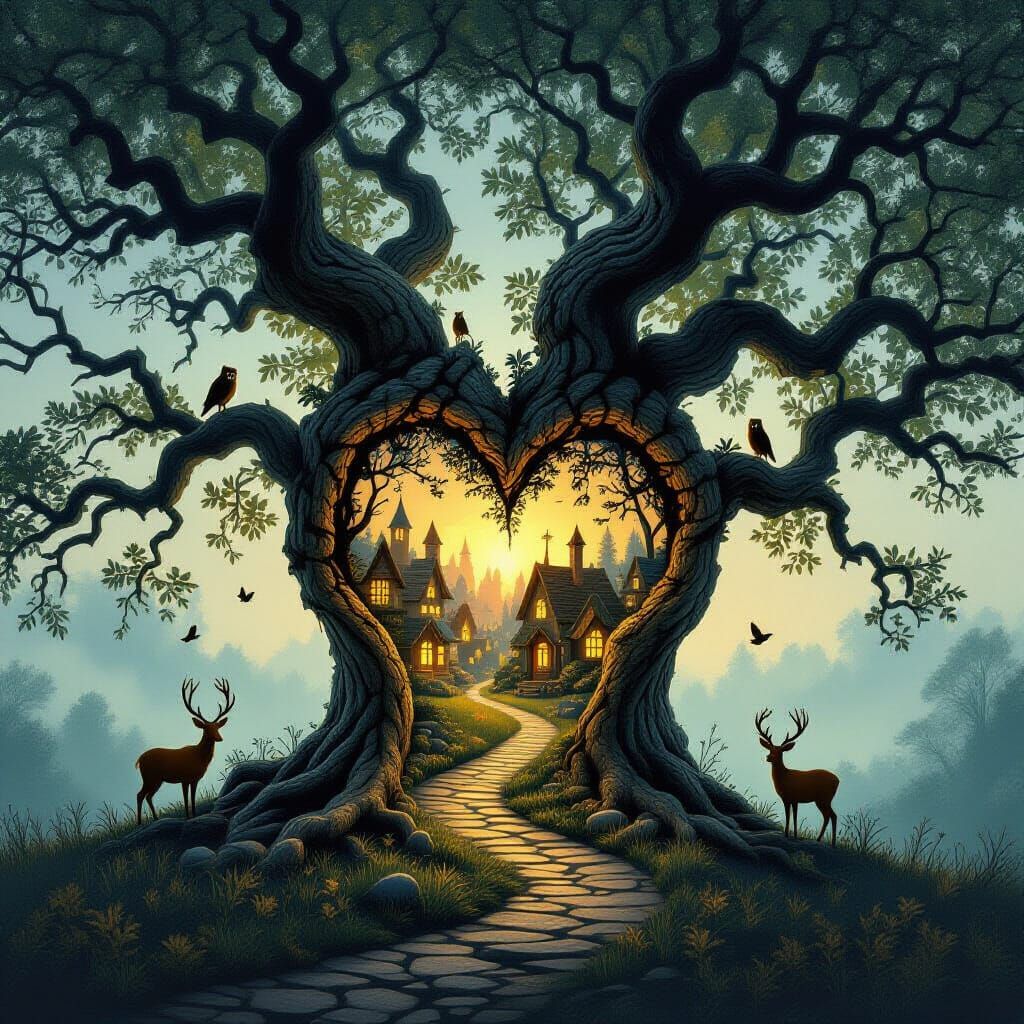 Enchanted Village Within Oak Tree Silhouette